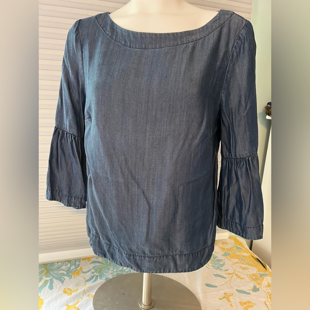 White House Black Market lightweight denim Ruffled Bell Sleeve Blouse